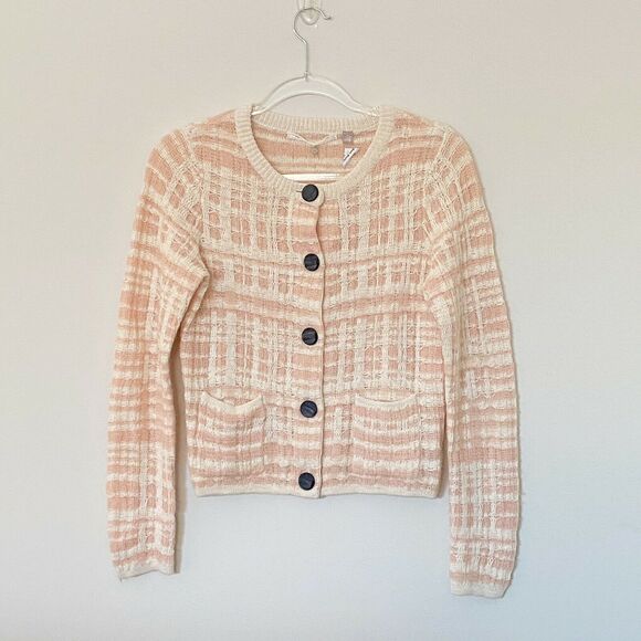 Knitted & Knotted Sweater XS Cardigan Pink/Cream Plaid Cotton/Wool/Alpaca Blend - Picture 8 of 9